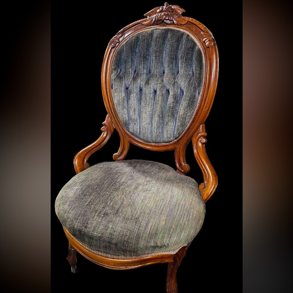 Tufted Victorian Walnut Parlor Chair on Casters